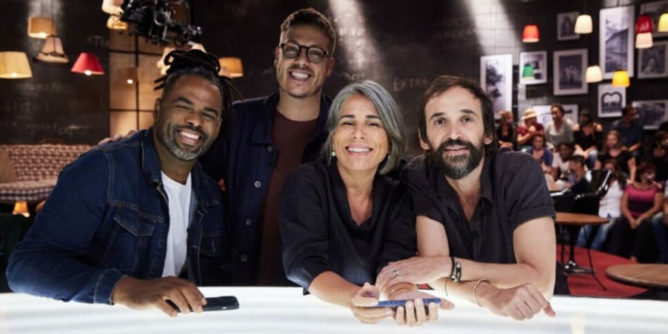 Gloria Pires, o apresentador e Julio Andrade no "Que história é essa Porchat" (Foto Reprodução/Gshow)