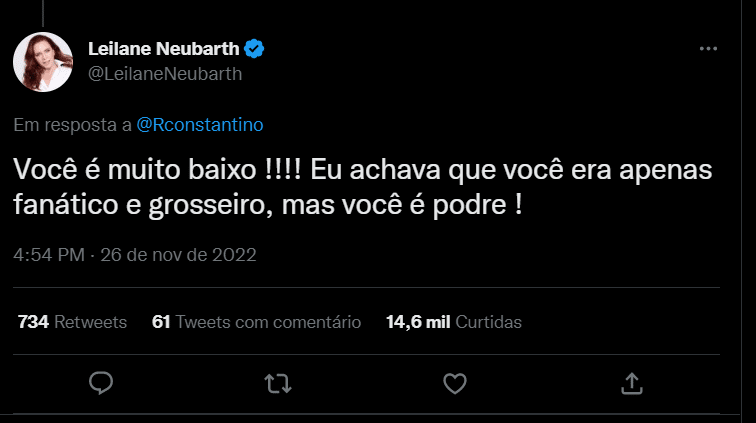 Resposta de Leilane Neubarth para Constantino (Foto Reprodução/Twitter)