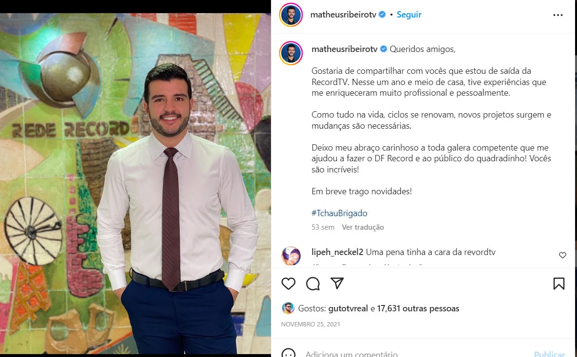 Matheus Ribeiro se despediu publicamente da Record por meio de suas redes sociais (Foto Reprodução/Instagram)