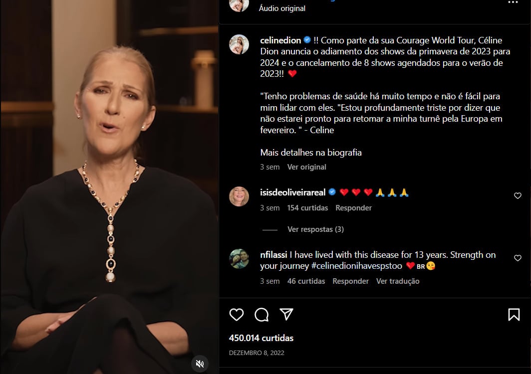 Céline Dion fez um comovente desabafo em suas redes sociais(Foto Reprodução/Instagram)