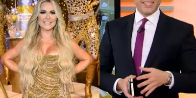 Deolane Bezerra e jornalista da Record (Foto: Reprodução, Leo Dias, Record)