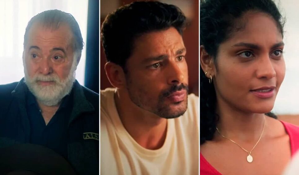 Antônio, Caio e Aline em Terra e Paixão. (Foto: reprodução, Globo)